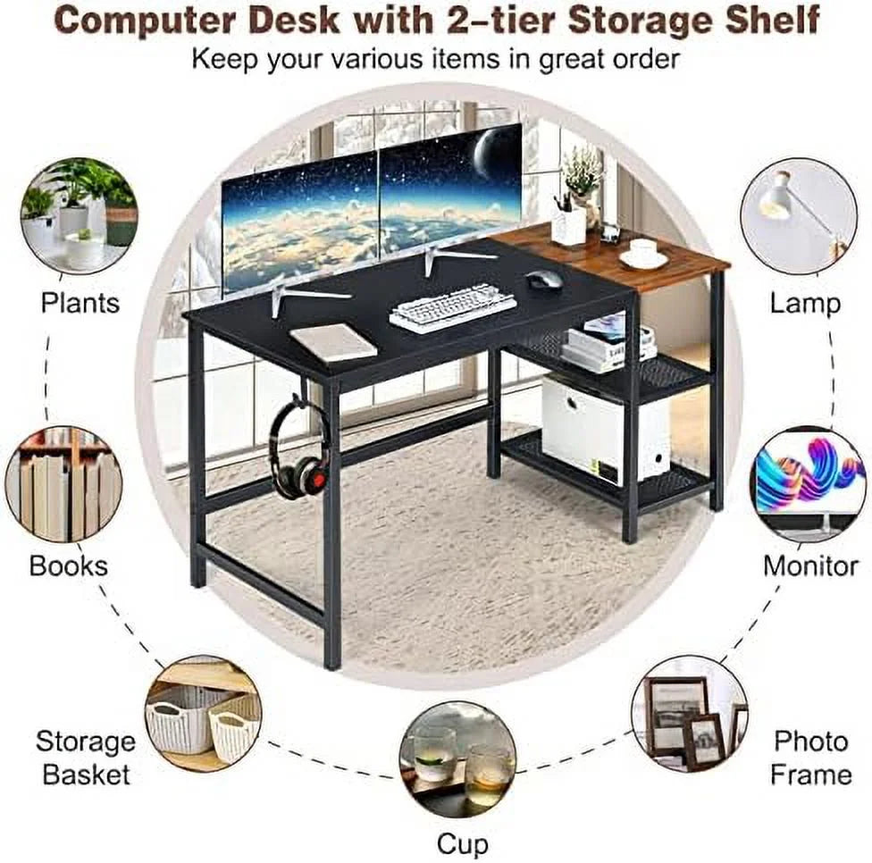 59 Inch Computer Desk with Charging Station and 2 Tier Shelves E866