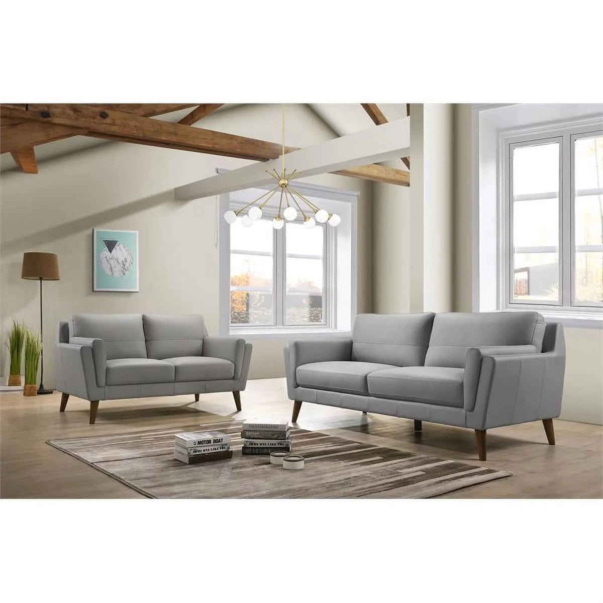 Light Gray Solid Wood Leather Match Loveseat and Sofa J3680