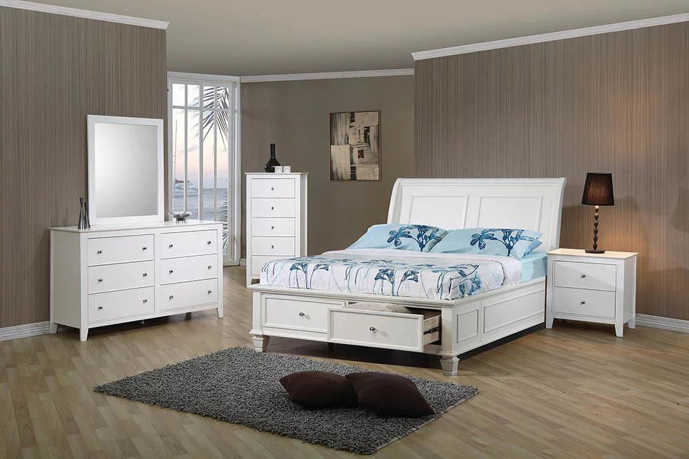 Full Sleigh Bed with Footboard Storage Cream White Q224