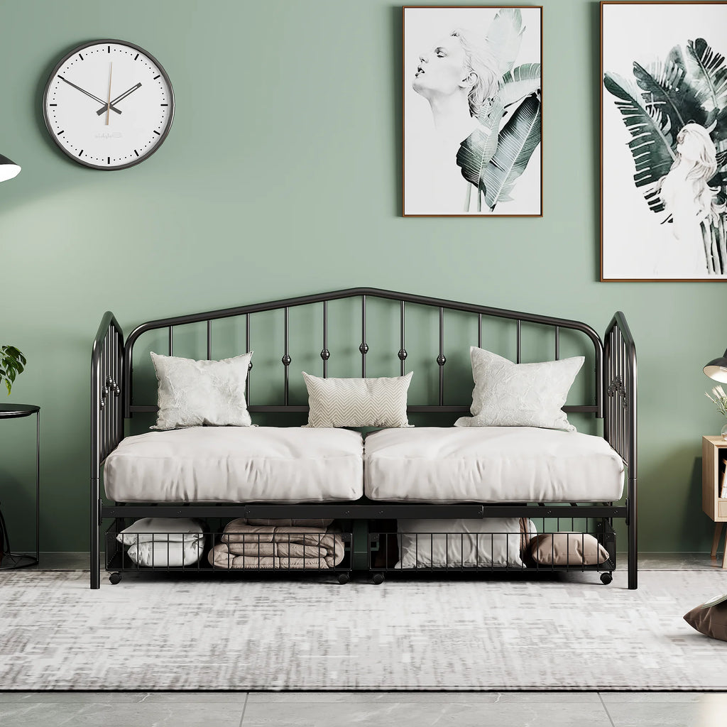 Twin Size Black Metal Daybed with 2 Drawers V344