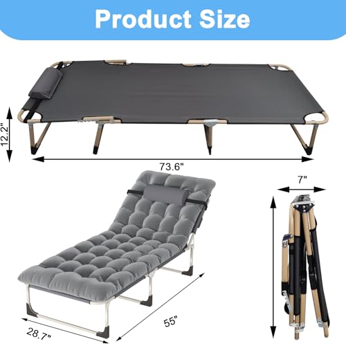 Portable Folding Camping Cot, 5-Position Reclining Lounge Chair with Pillow L2194