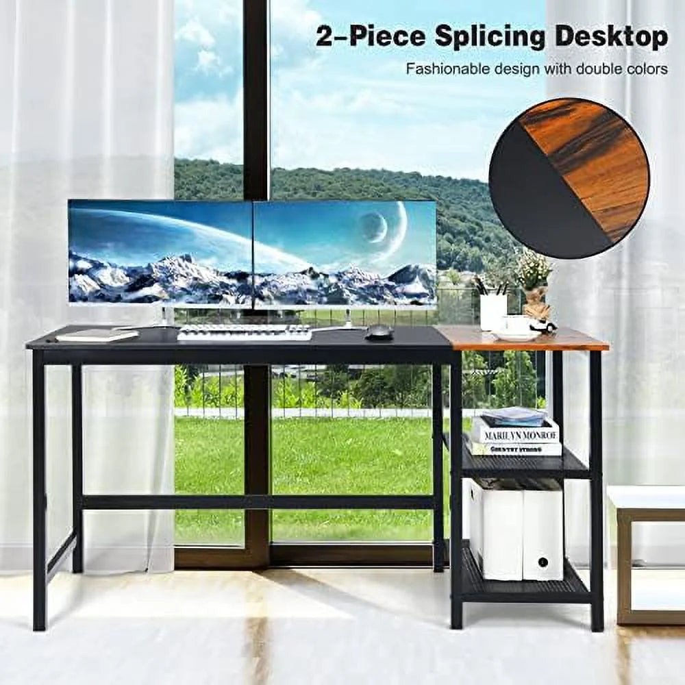 59 Inch Computer Desk with Charging Station and 2 Tier Shelves E866
