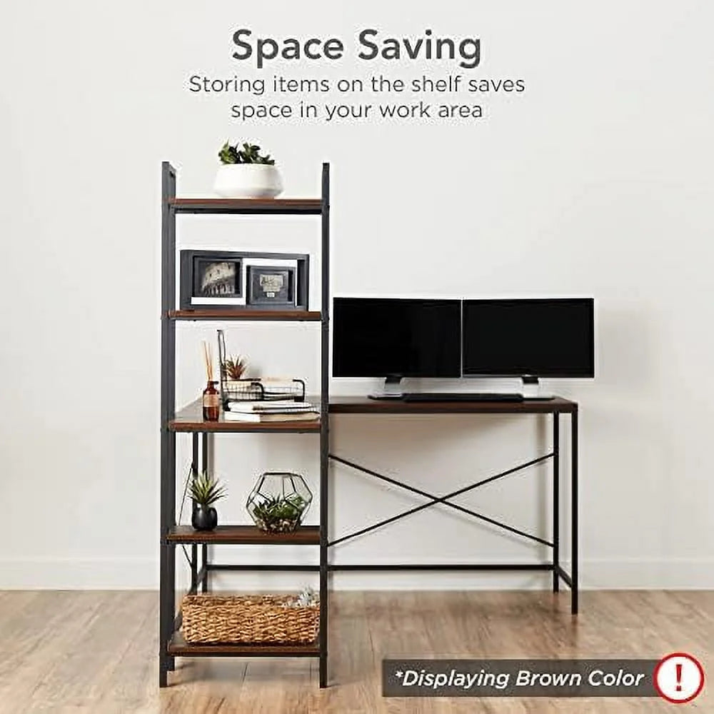 L-Shaped Corner Computer Desk with 5-Tier Bookshelves B66401