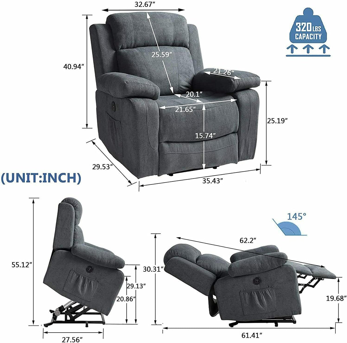 Grey Linen Electric Power Lift Recliner Sofa with Remote Control T73943
