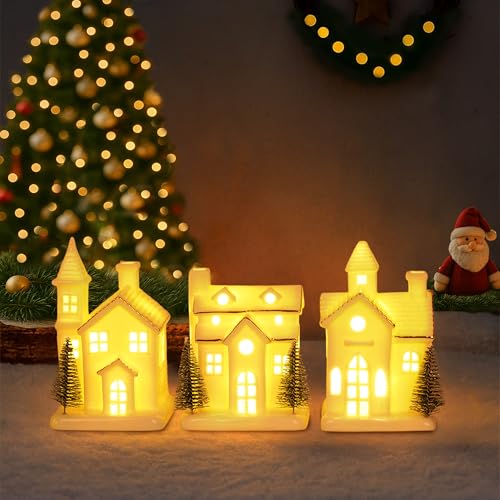 3Pcs Light Up Porcelain Christmas Village Houses with 4Pcs Christmas Trees LED Lighted Tabletop Figurines F81373