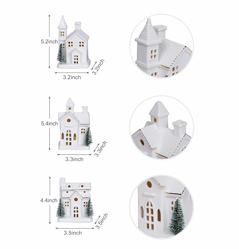 3Pcs Light Up Porcelain Christmas Village Houses with 4Pcs Christmas Trees LED Lighted Tabletop Figurines F81373