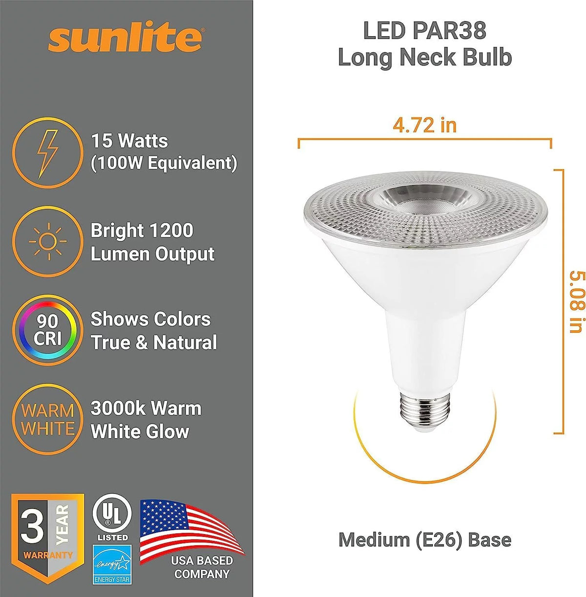 LED PAR38 Long Neck Spotlight Bulb 15 Watts Dimmable 3000K Warm White 6-Pack J5475