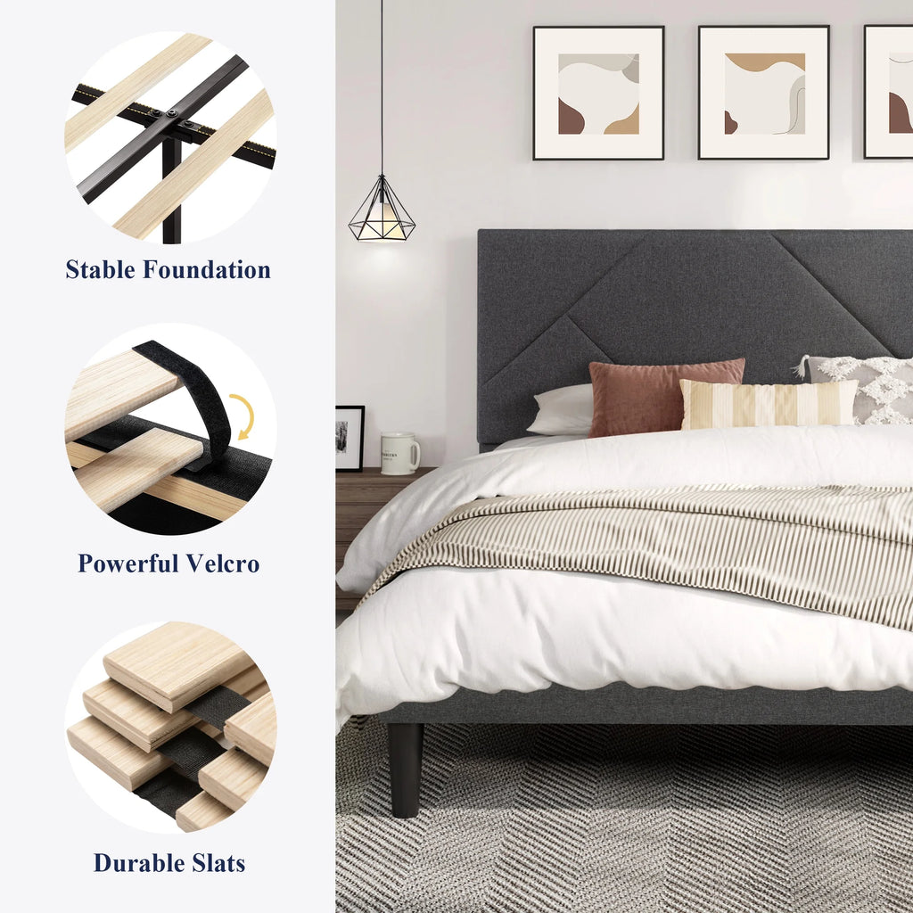 King Size Grey Metal Platform Bed with Upholstered Headboard V9433