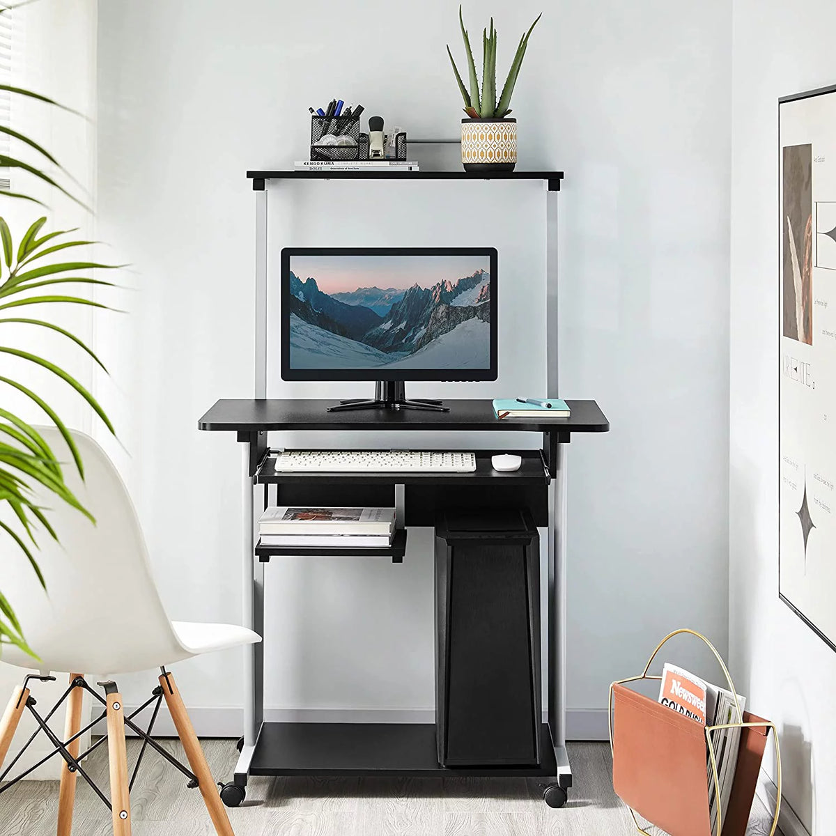Black 2 Tier Mobile Computer Desk with Printer Shelf H260