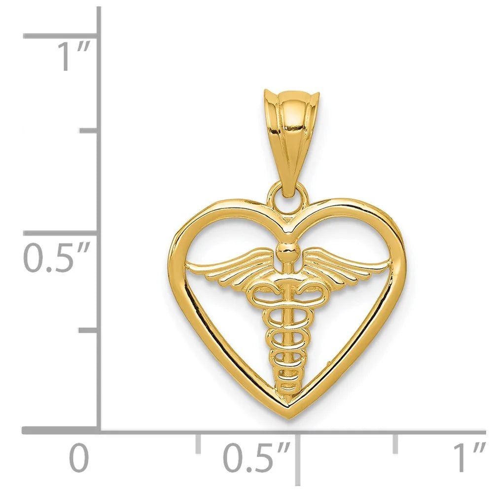 14K Yellow Gold Caduceus Heart Pendant F1816