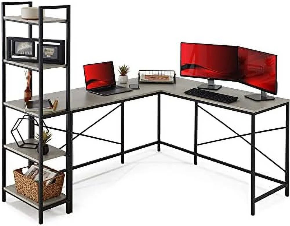 L-Shaped Corner Computer Desk with 5-Tier Bookshelves B66401