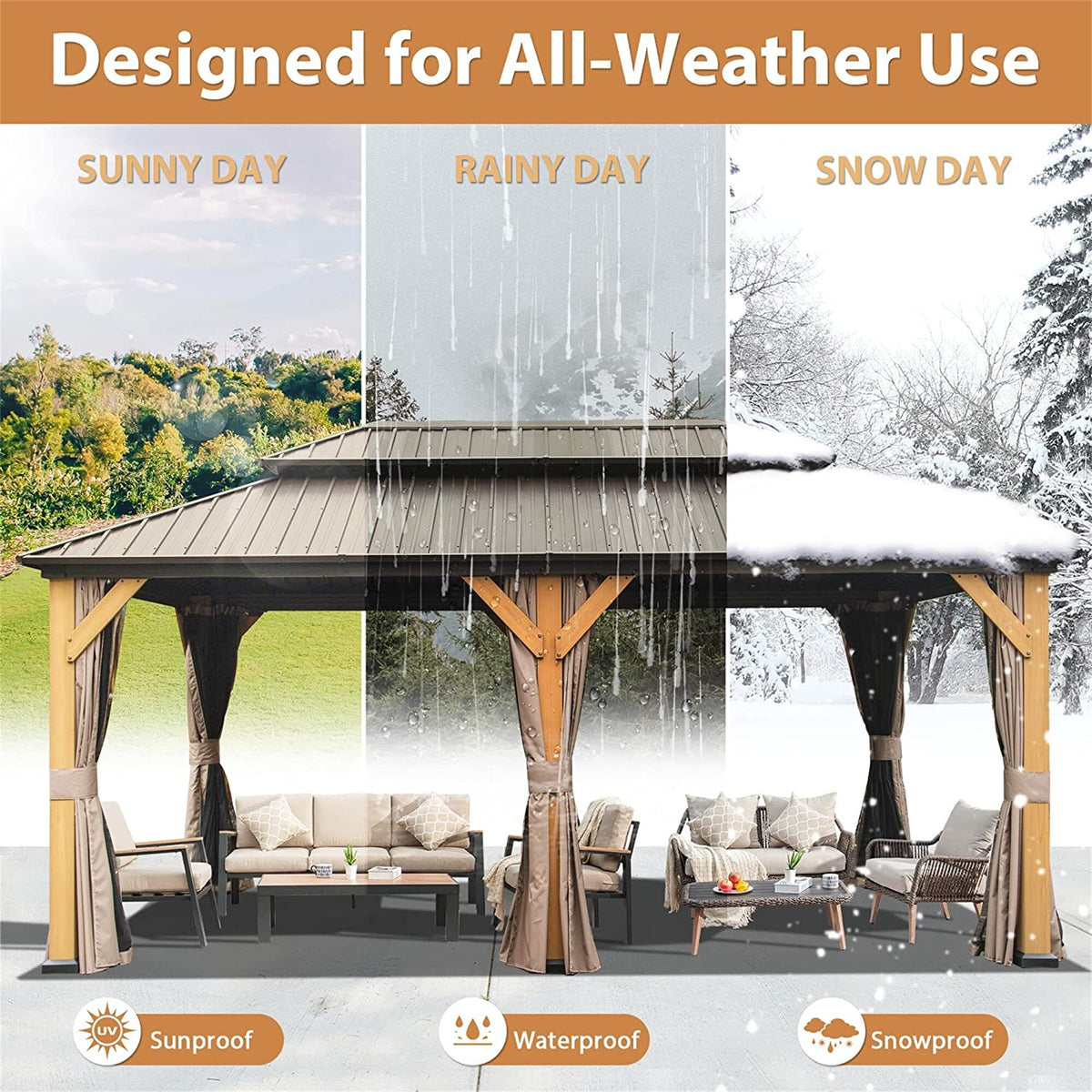 12'x20' Outdoor Gazebo Double Roof Galvanized Steel Canopy Cedar Wood Frame with Netting & Curtains D85182