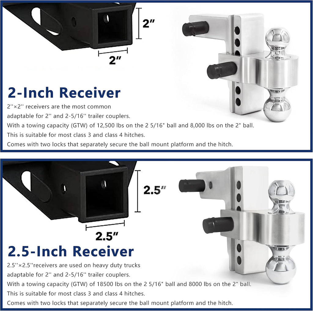 Adjustable Trailer Hitch Ball Mount with Forged Aluminum Shank, 2.5 Inch Receiver, 6 Inch Drop D539433