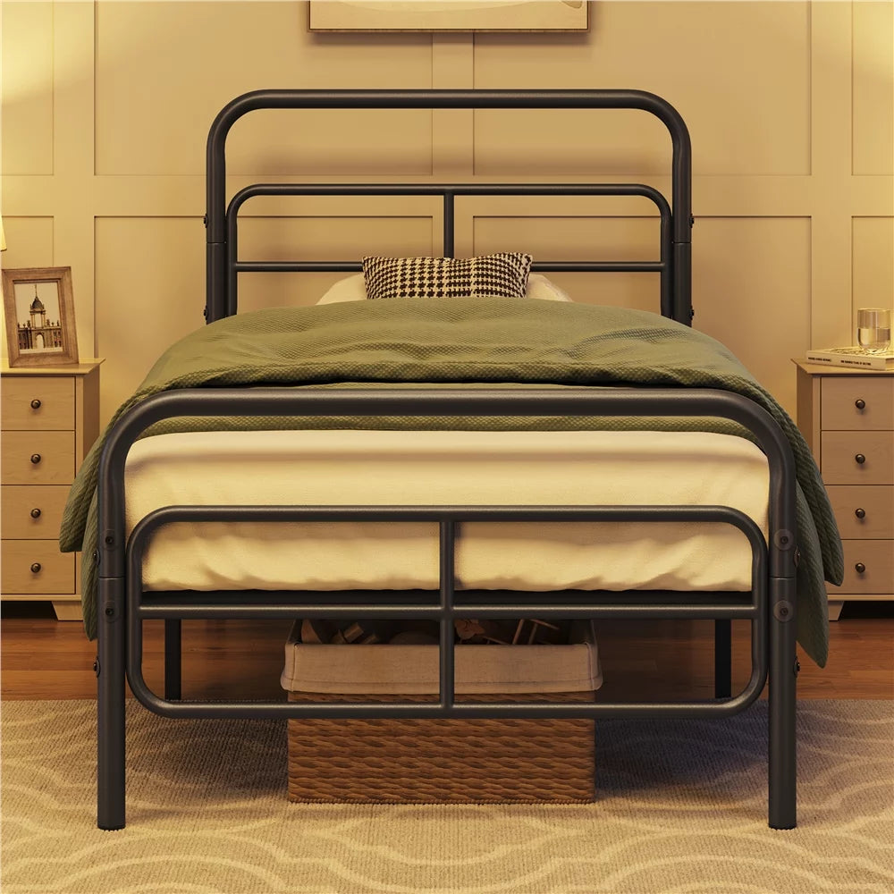 Black Twin Metal Platform Bed with Geometric Patterned Headboard O683717