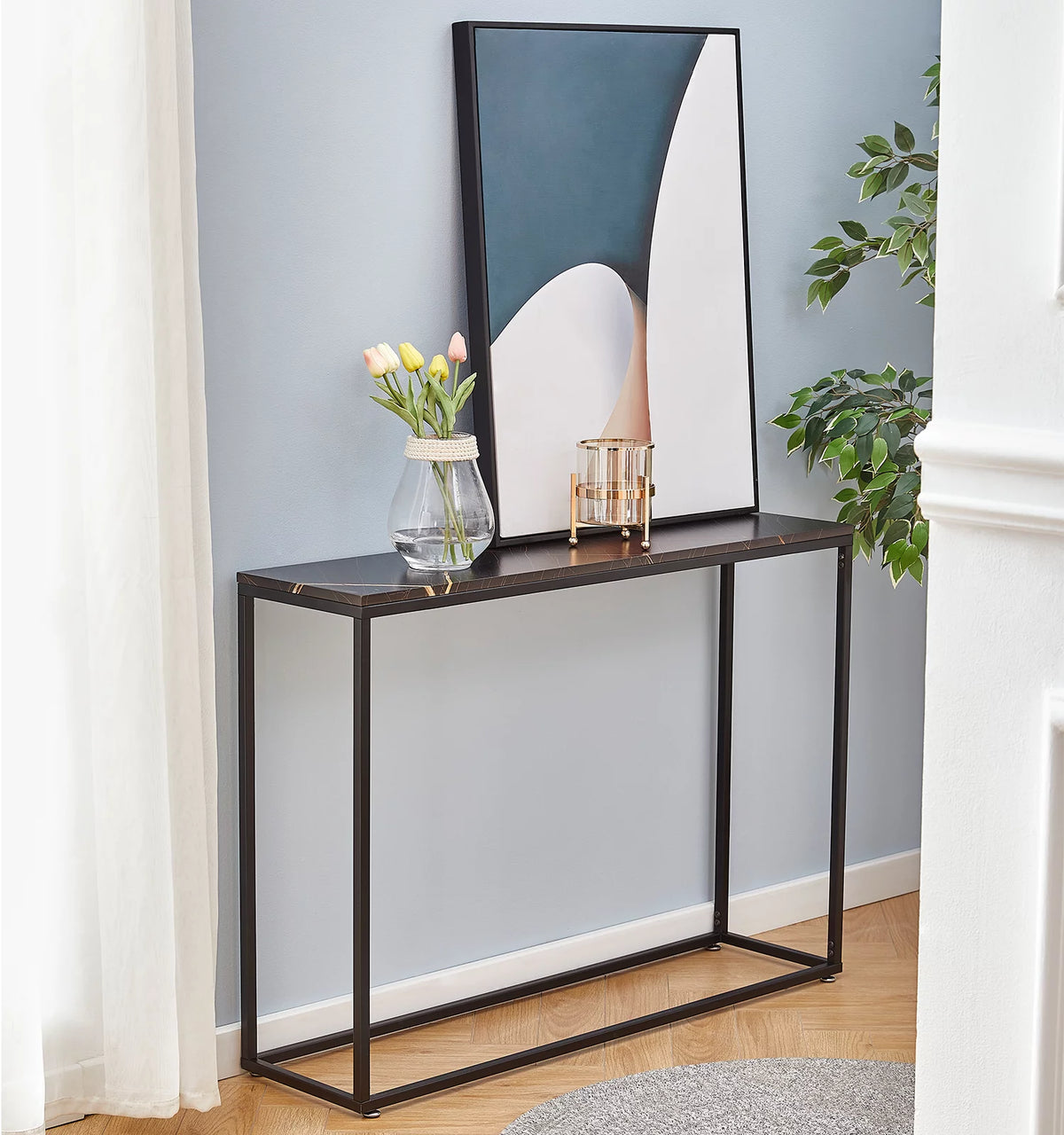 Black Narrow Console Table with Metal Frame and MDF Tabletop Q9993