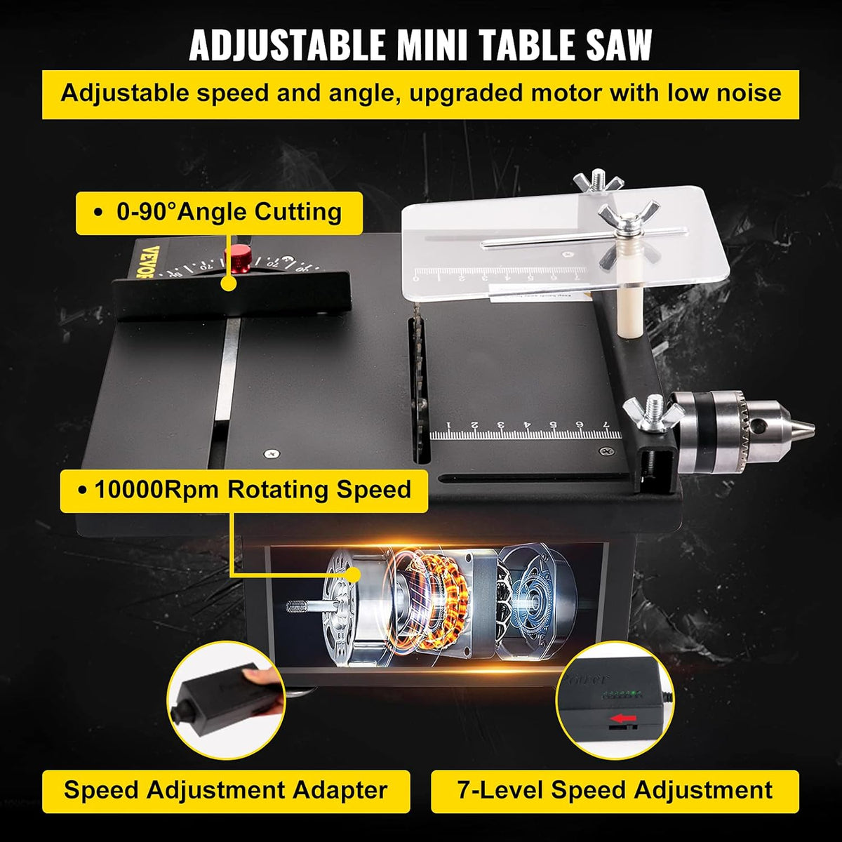 Mini Table Saw, 96W, 0-90 Angle Cutting, 7-Level Speed Adjustable S544605