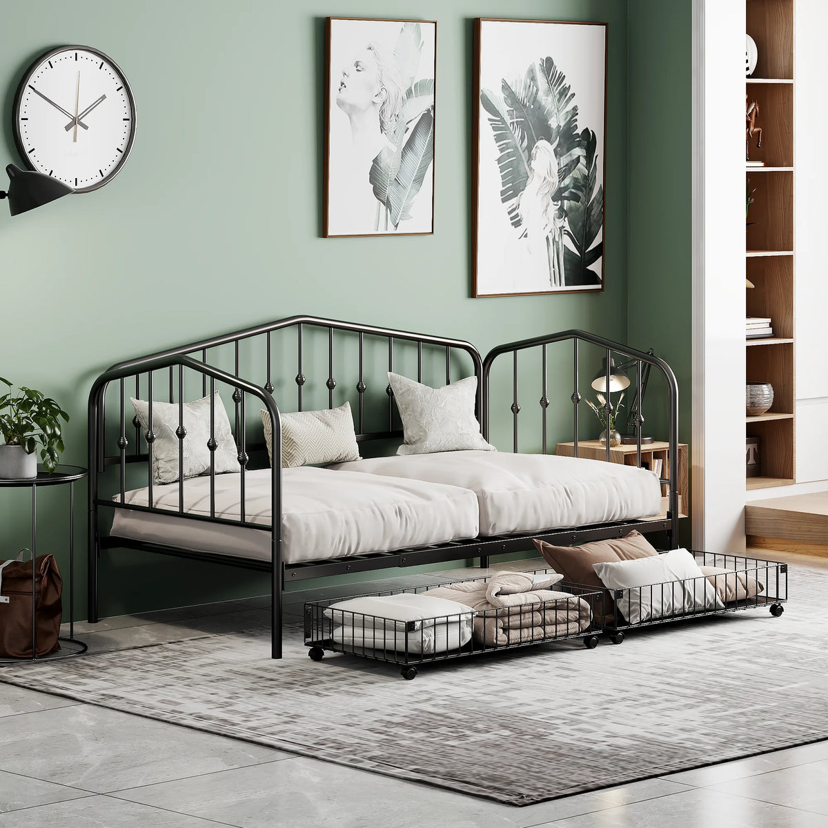 Twin Size Black Metal Daybed with 2 Drawers V344