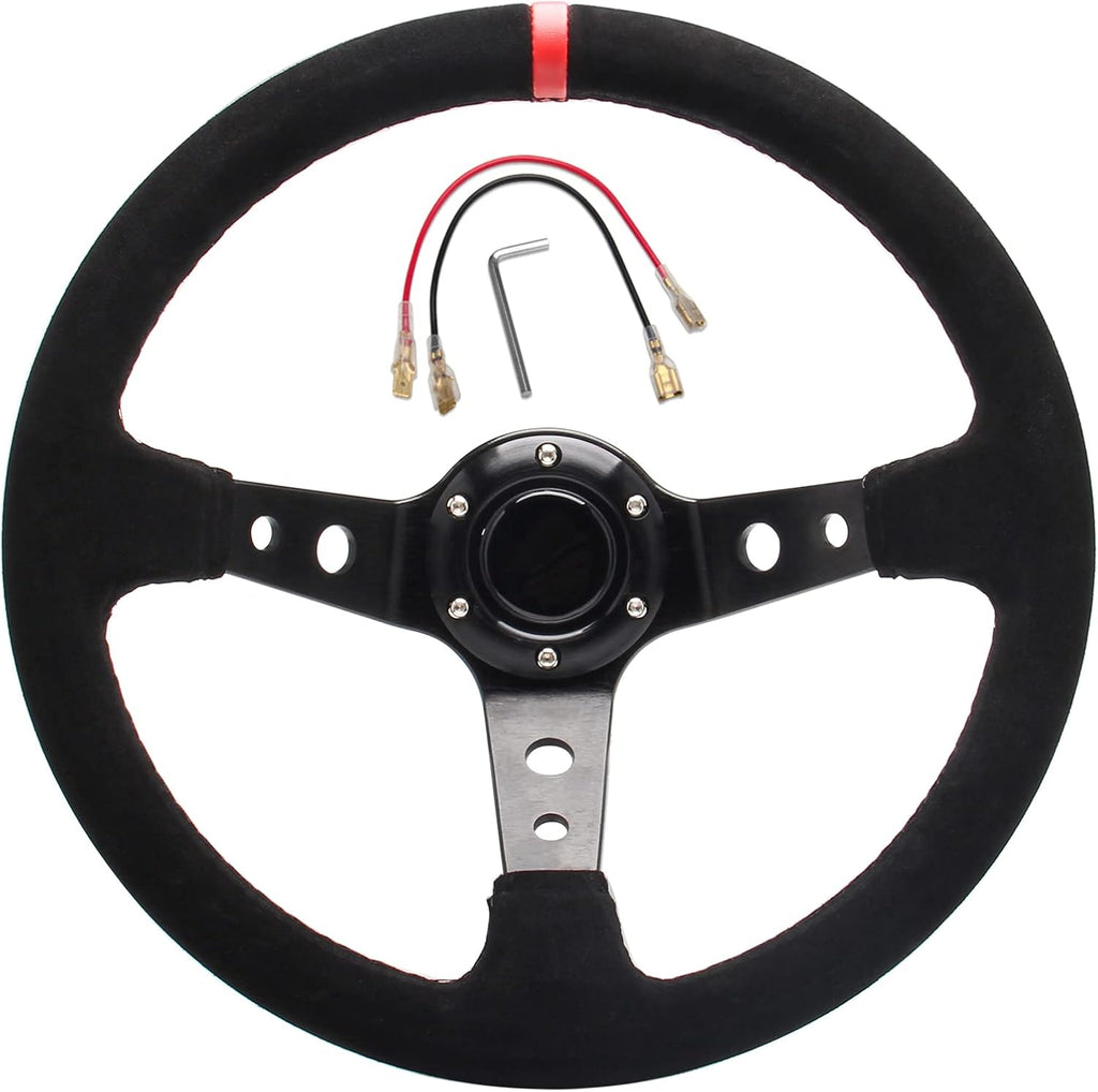 Red Suede Deep Dish Racing Steering Wheel 13.8" 350mm 6 Bolts with Horn Button O904057