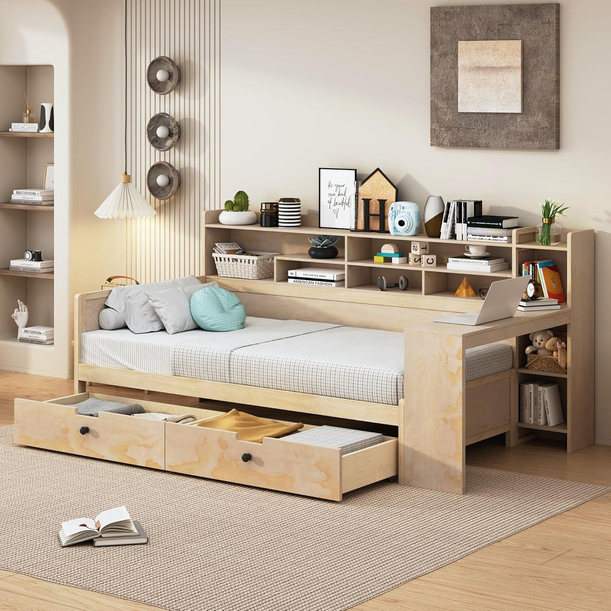 Twin Size Wooden Daybed with Storage Bookshelf, Study Desk and 2 Drawers E312