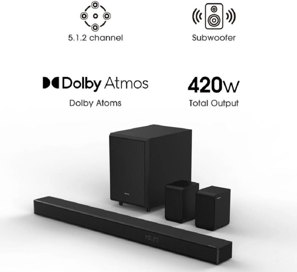 5.1.2 Ch 420W Soundbar with Wireless Subwoofer and Wireless Rear Satellite Speakers, Black K644