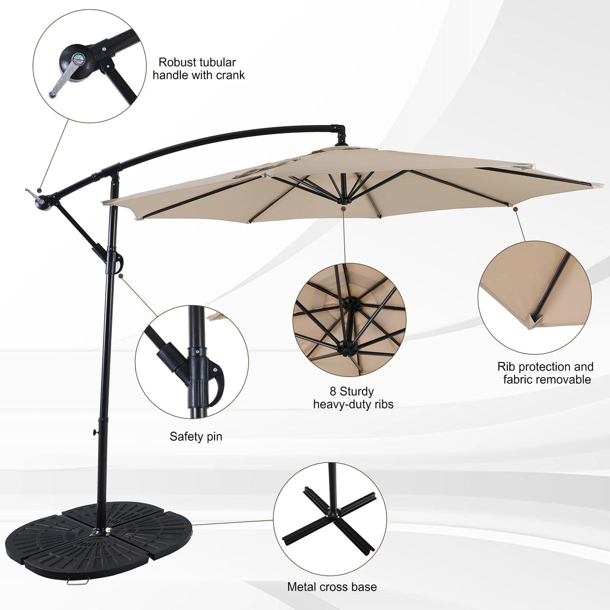 10ft Beige Patio Offset Cantilever Umbrella with Crank Handle O923