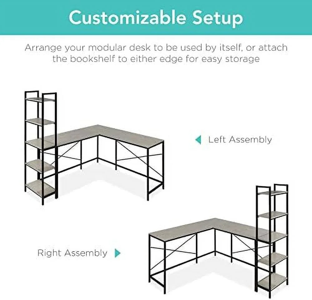 L-Shaped Corner Computer Desk with 5-Tier Bookshelves B66401