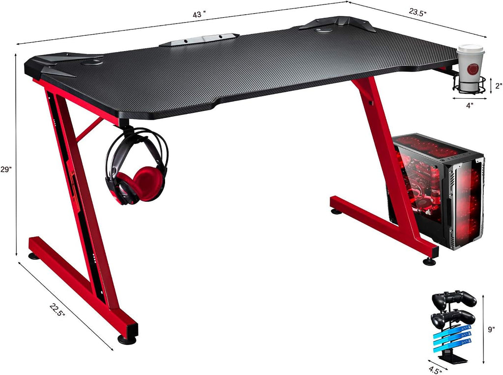 44 Inch Red Gaming Desk with Cup Holder & Headphone Hook C223