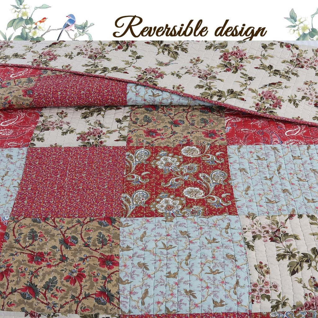 Red Teal Khaki Floral 100% Cotton Reversible Coverlet Bedspread Quilt Bedding Set (Queen - 3 Piece) A146