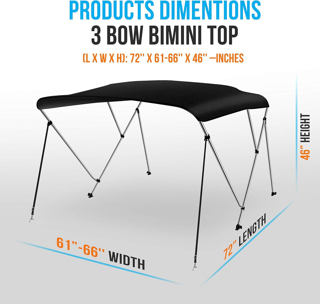 Waterproof 61-66W 3 Bow Boat Bimini Top Canvas Sun Shade with Storage Boot L8026