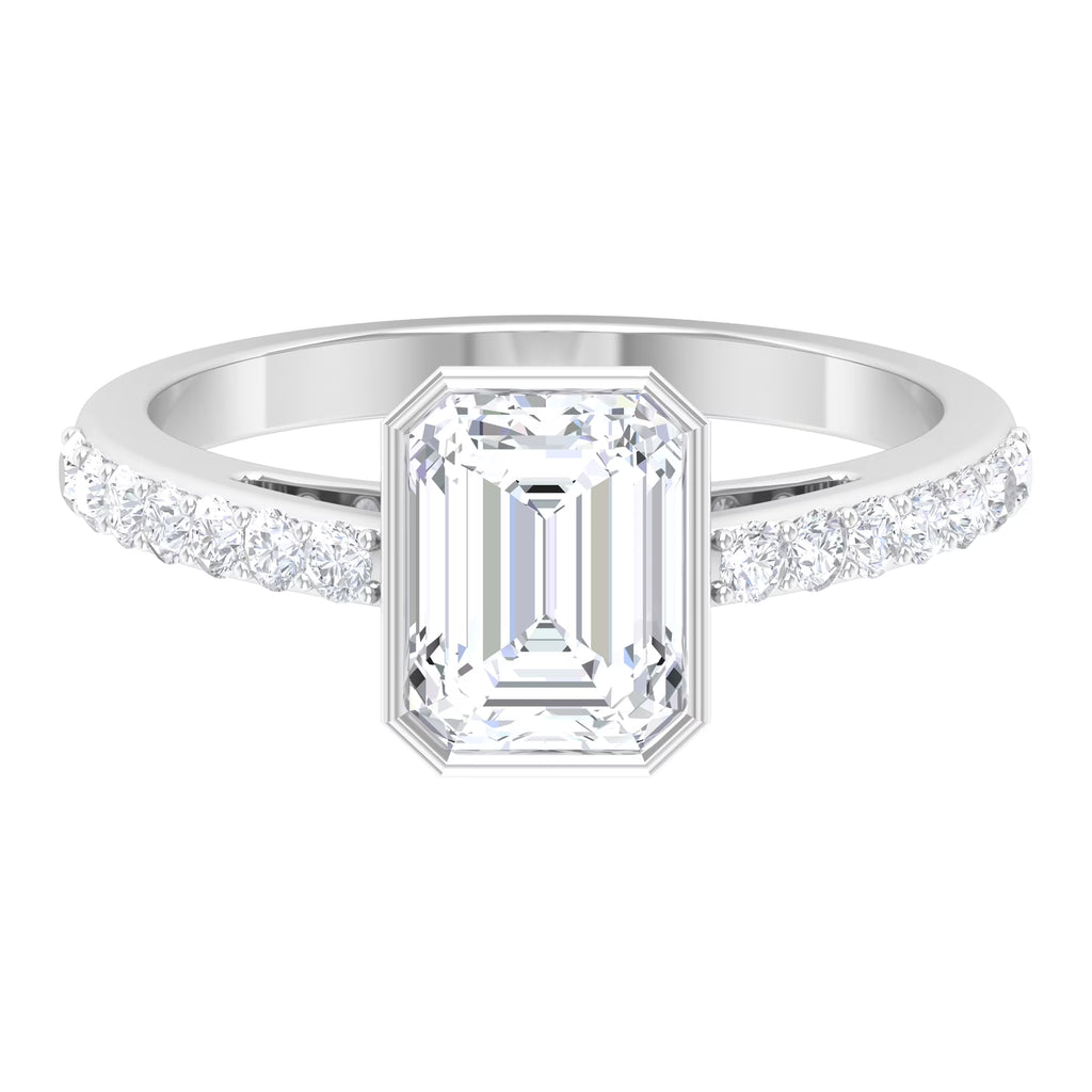 Octagon Cut Moissanite Solitaire Ring in Bezel Setting with Surface Side Stones, 10K White Gold, US 3.50 X828448