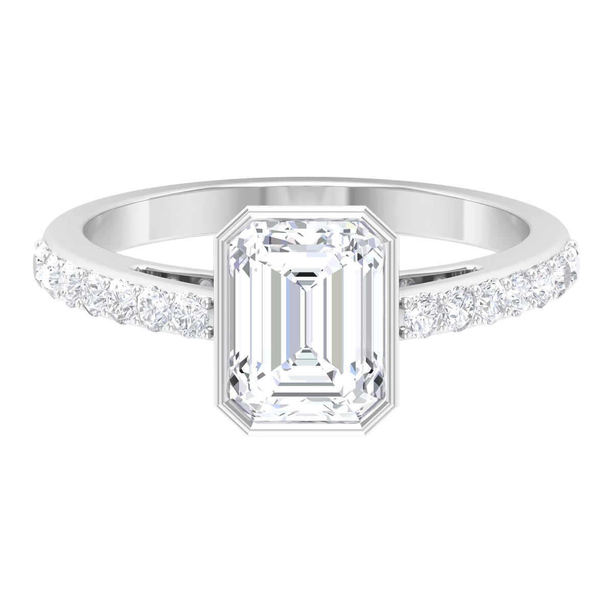 Octagon Cut Moissanite Solitaire Ring in Bezel Setting with Surface Side Stones, 10K White Gold, US 3.50 X828448