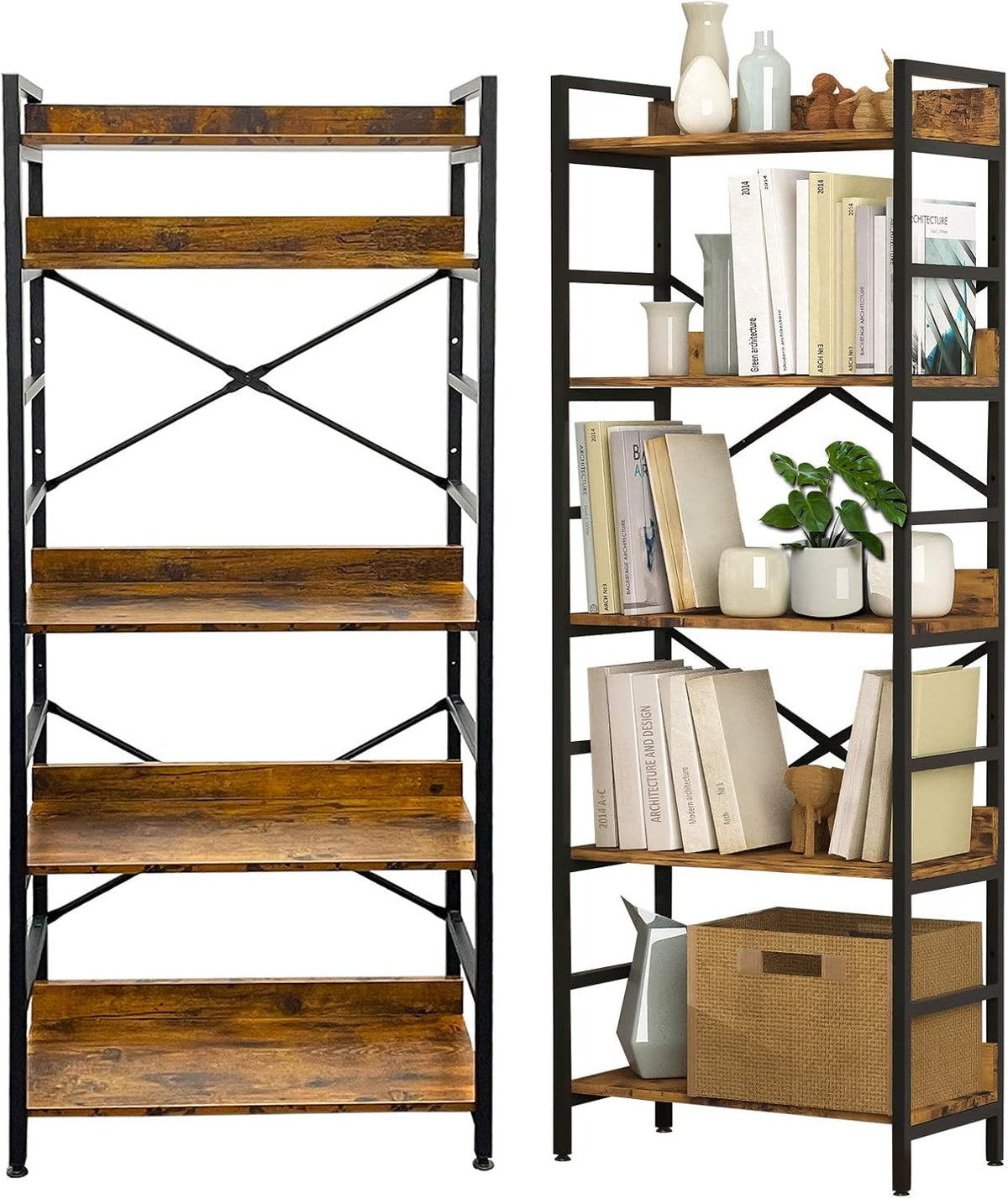 Industrial 4 Tier Tall Bookshelf with Adjustable Shelf, Metal Frame, Rustic Brown J222012