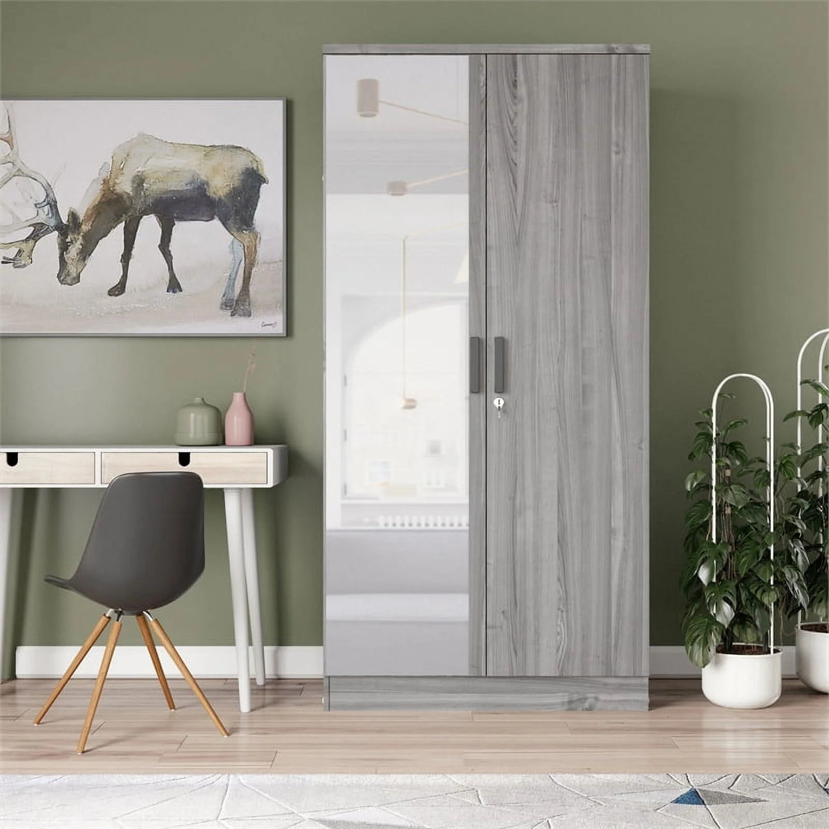 Gray Two Door Armoire Wardrobe with Mirror C245