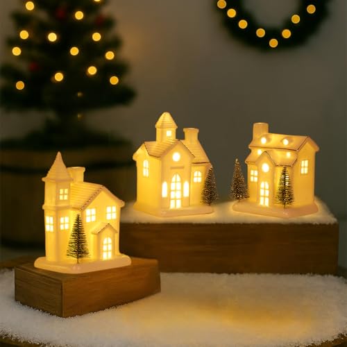 3Pcs Light Up Porcelain Christmas Village Houses with 4Pcs Christmas Trees LED Lighted Tabletop Figurines F81373