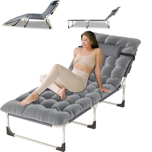 Portable Folding Camping Cot, 5-Position Reclining Lounge Chair with Pillow L2194