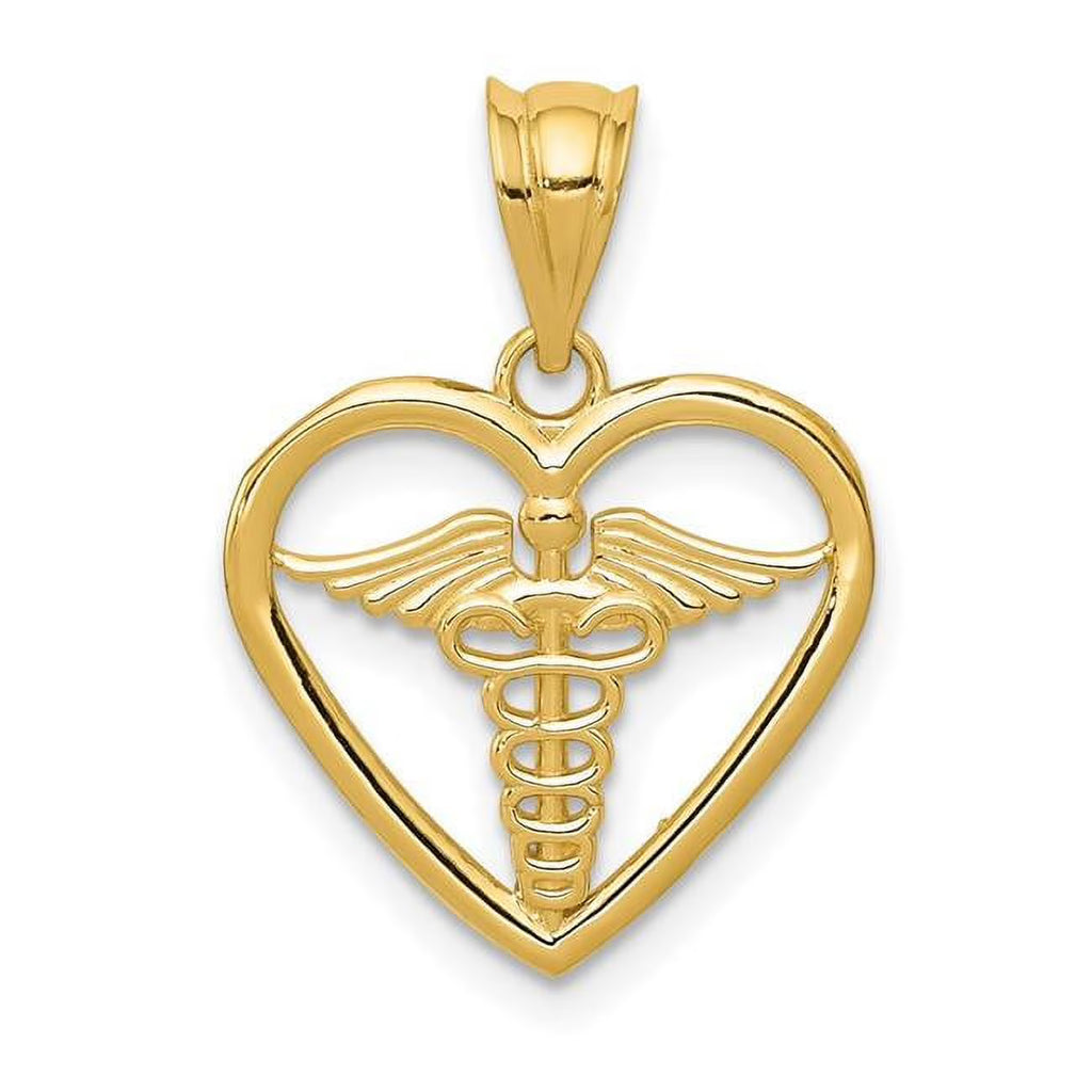 14K Yellow Gold Caduceus Heart Pendant F1816