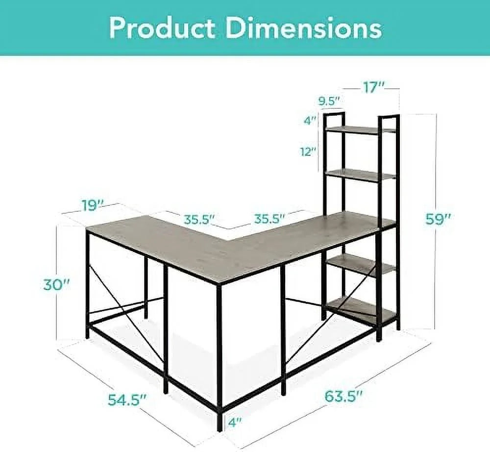 L-Shaped Corner Computer Desk with 5-Tier Bookshelves B66401