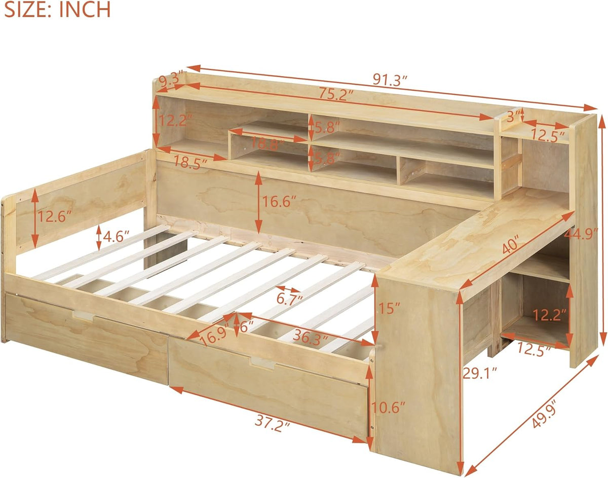 Twin Size Wooden Daybed with Storage Bookshelf, Study Desk and 2 Drawers E312
