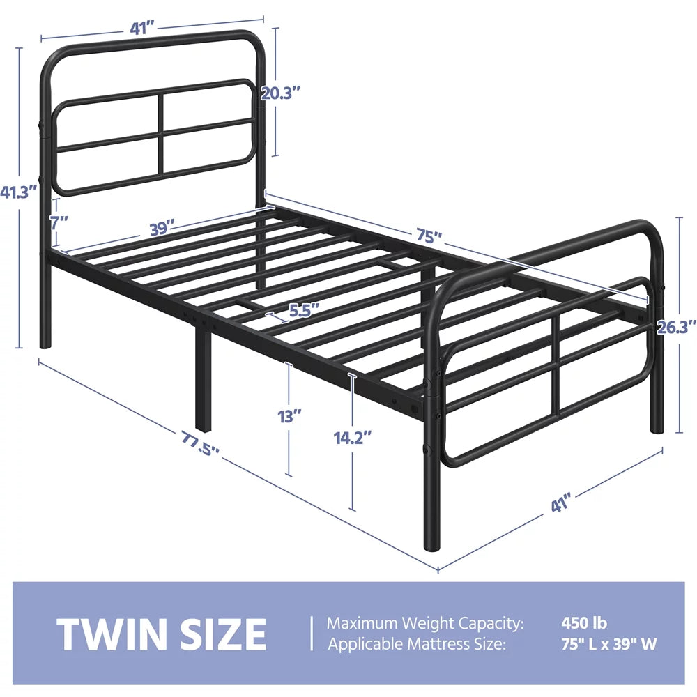 Black Twin Metal Platform Bed with Geometric Patterned Headboard O683717