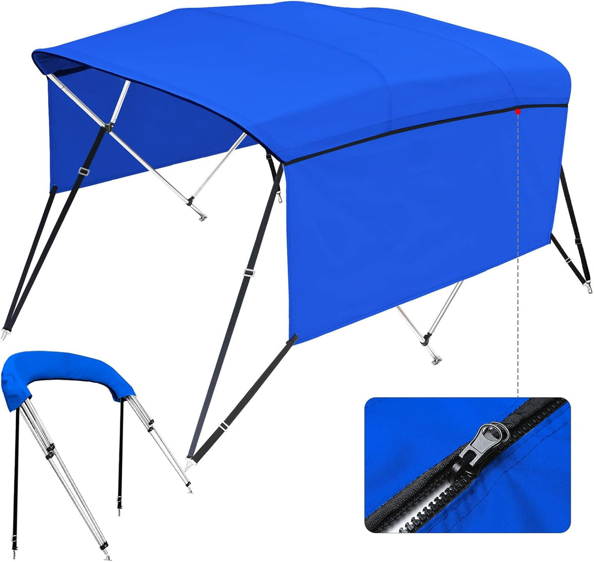 3/4 Bow Bimini Top Cover with Sidewalls Sun Shade Boat Canopy with 2 Quick Release Deck Mounts + 4 Straps + Storage Boot, All Stainless Steel Mounting Hardware W733