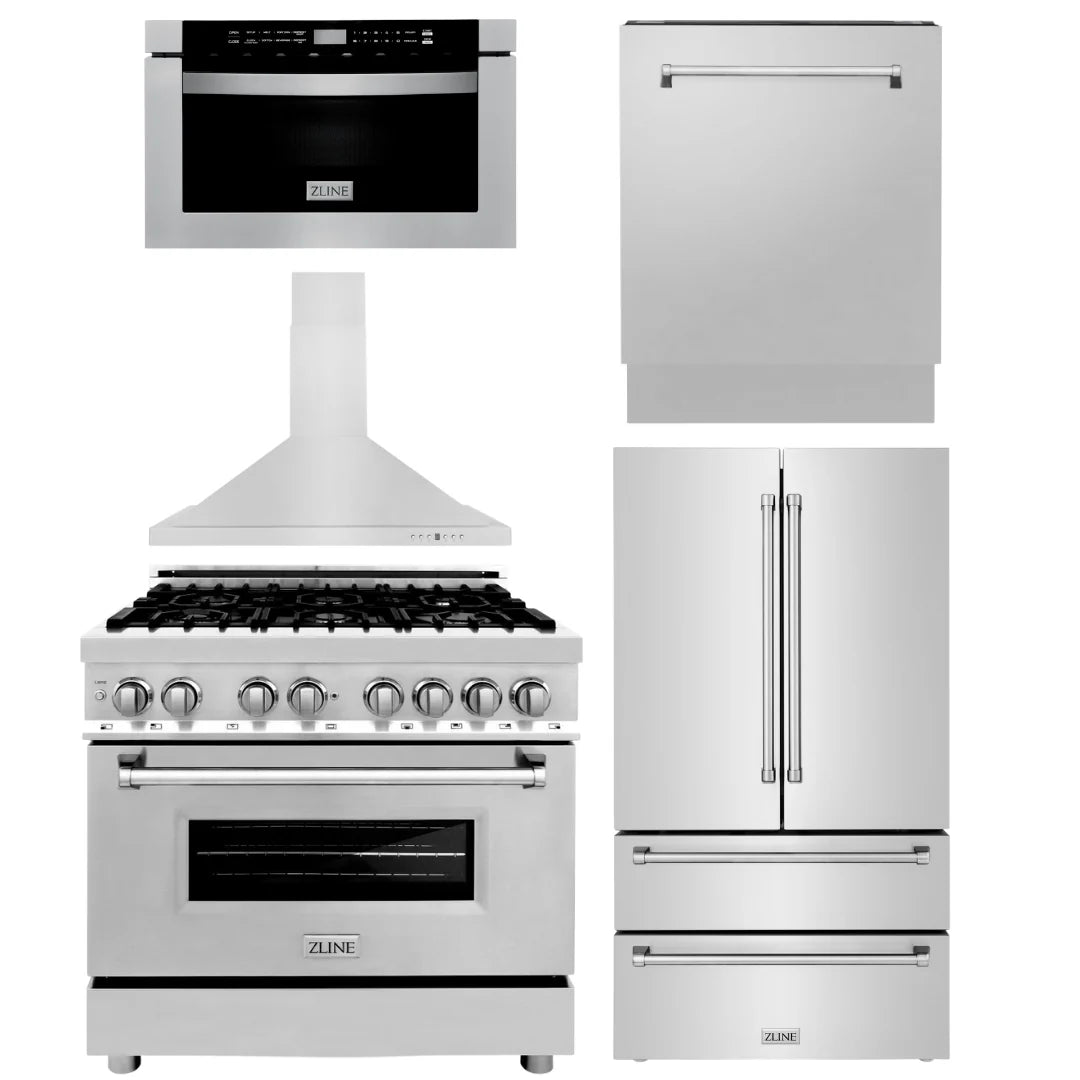 36 Range, Range Hood, Microwave, Dishwasher & Refrigerator Bundle W238