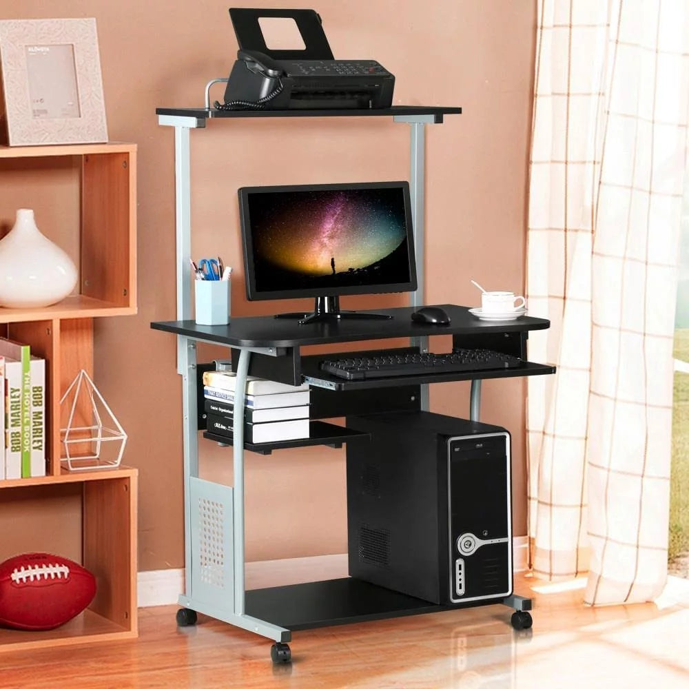 Black 2 Tier Mobile Computer Desk with Printer Shelf H260
