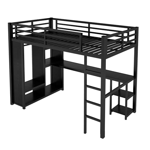 Twin XL Black Metal Loft Bed with Desk and Wardrobe C83650