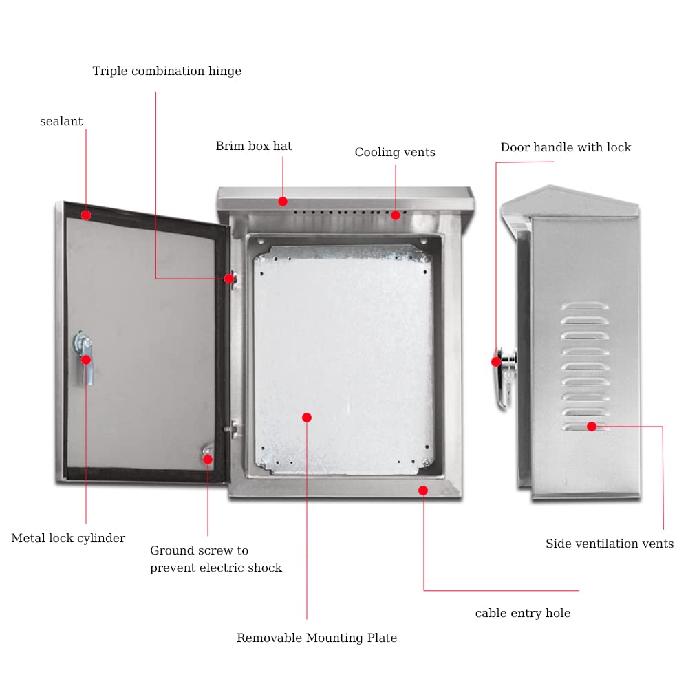 304 Stainless Steel Electrical Enclosure Box 20'' x 16'' x 8'' IP65 Weatherproof with Mounting Plate O987