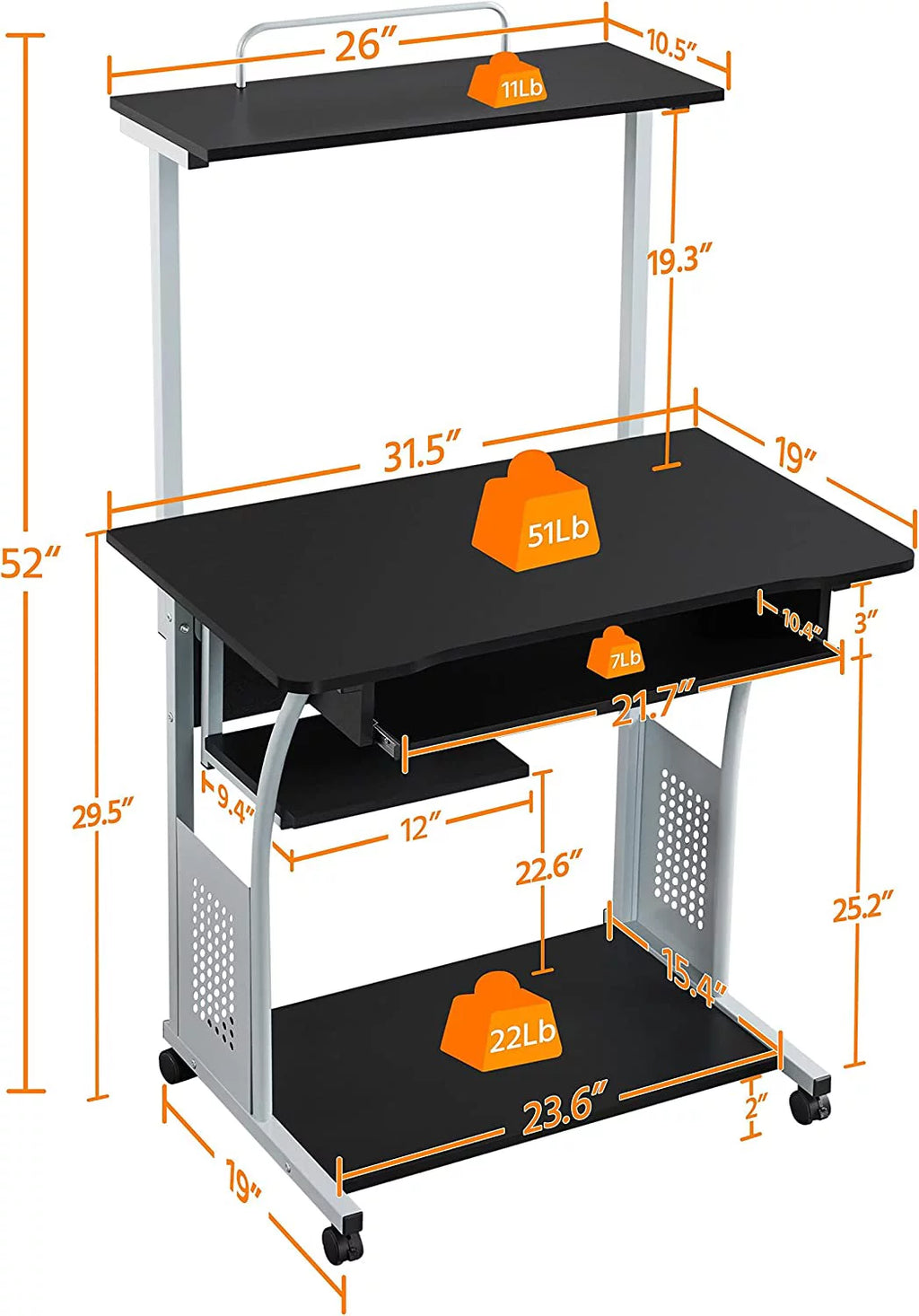 Black 2 Tier Mobile Computer Desk with Printer Shelf H260