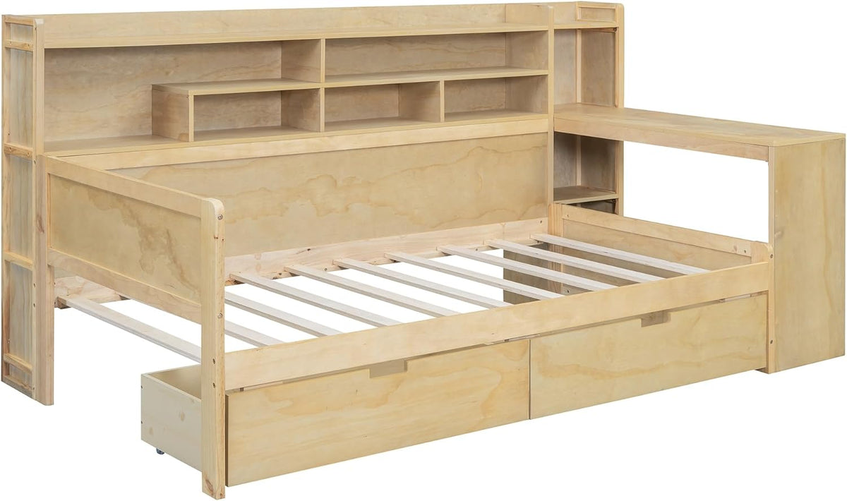 Twin Size Wooden Daybed with Storage Bookshelf, Study Desk and 2 Drawers E312