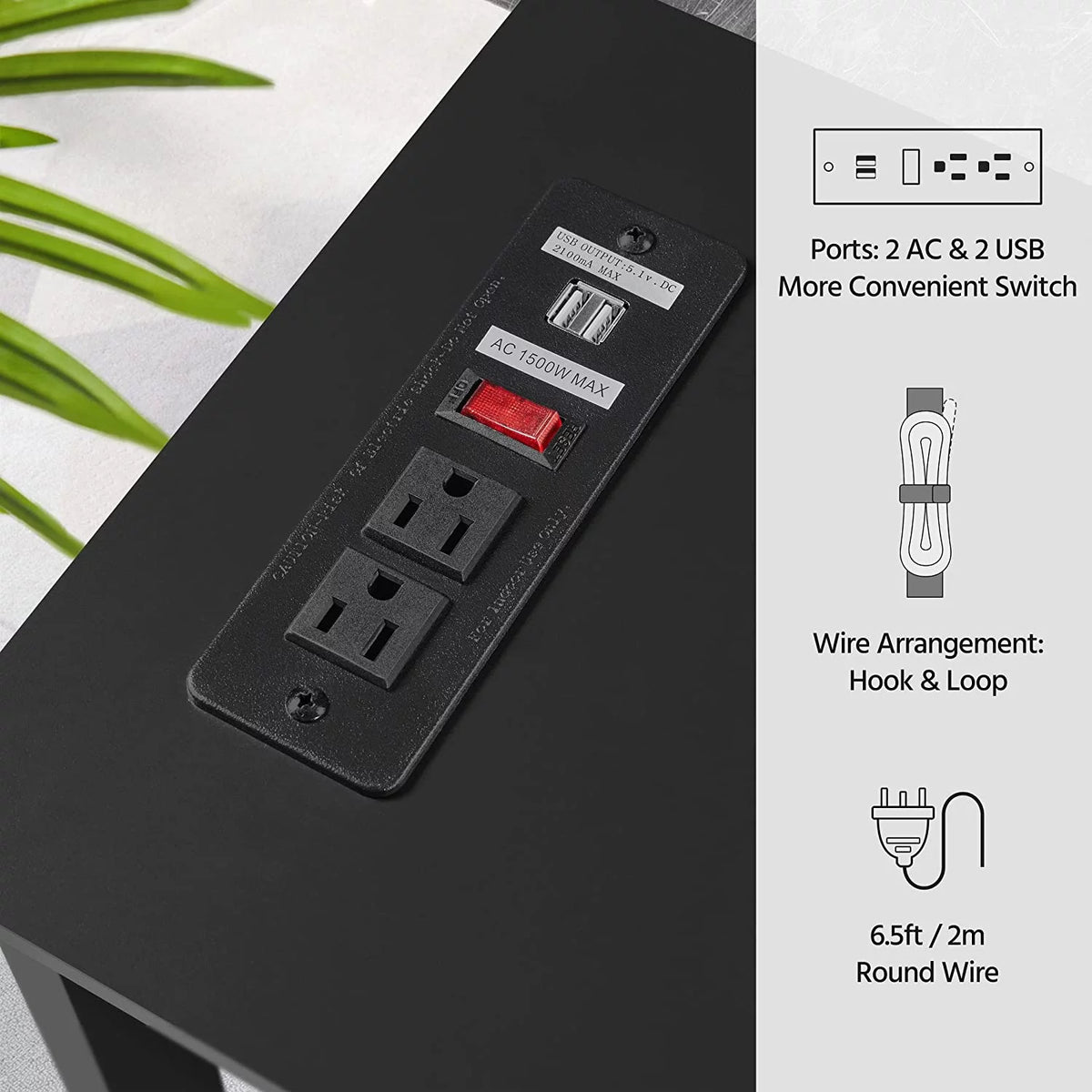 Black Console Table with Outlets and USB Ports W6687