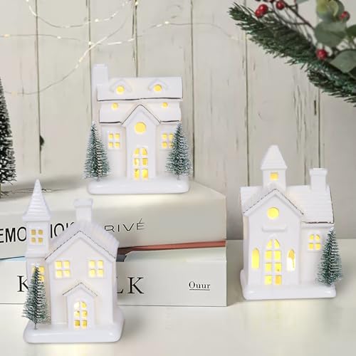 3Pcs Light Up Porcelain Christmas Village Houses with 4Pcs Christmas Trees LED Lighted Tabletop Figurines F81373