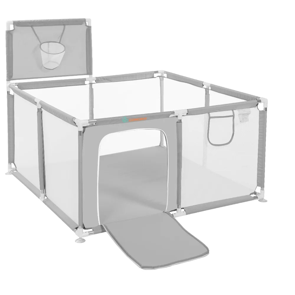 Portable 4-Panel Baby Playpen with Basketball Hoop, Grey R8635