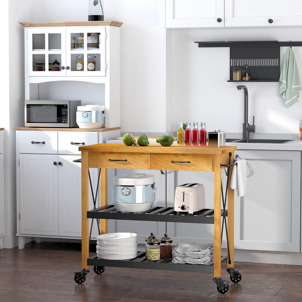 Kitchen Island Cart with 2 Drawers and Open Storage Shelves T9530